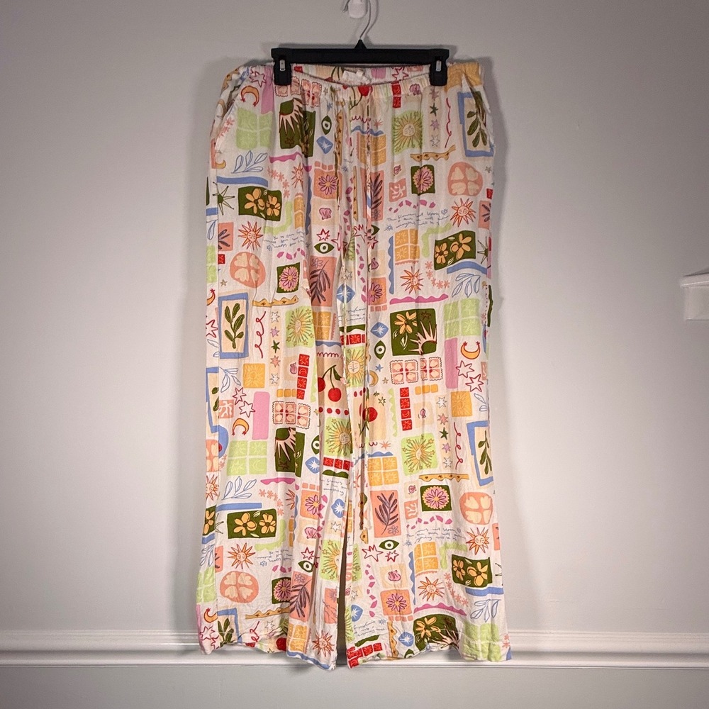 Cali 1850 Novelty Print Wide Leg Pants Rayon Linen Blend XL Multicolor Boho - Picture 2 of 10